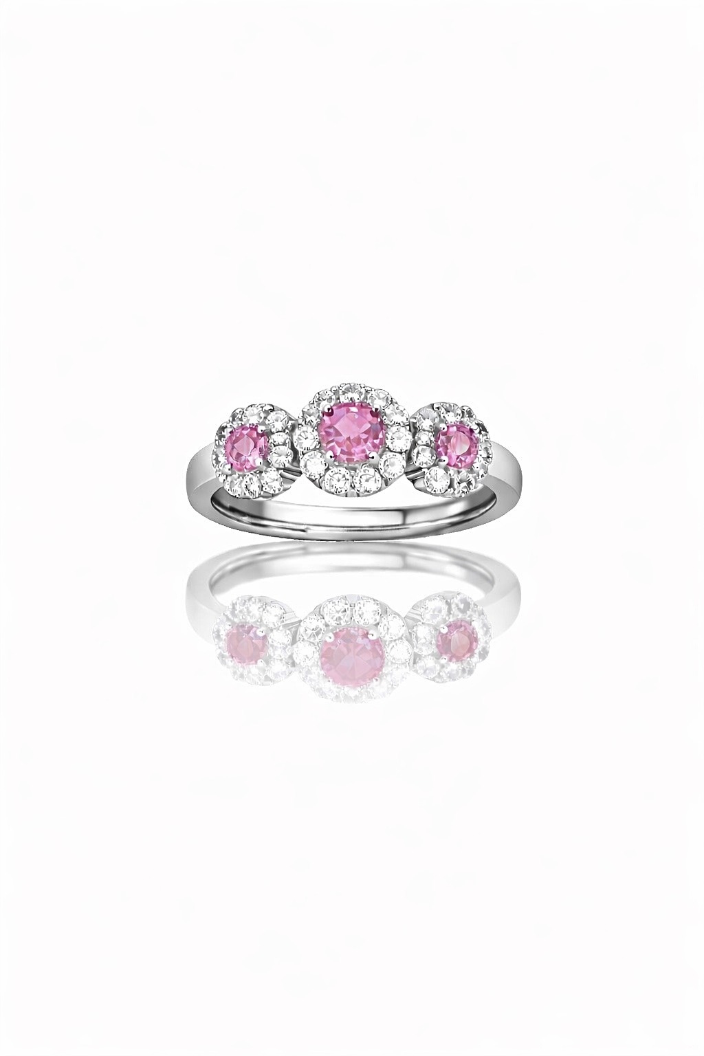 CDD12C21-AD56-40B9-B3EA-DB902AF58A4E Anello donna, trilogy, in Argento 925% rodiato con quarzo rosa idrotermali e zaffiri bianchi – regolabile - immagine 1